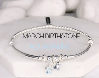 March Birthstone Jewelry, Sterling Silver & Aquamarine Cubic Zirconia Charm, Tiny Heart Bracelet, Best Friend Birthday, Gift For Her, Sister