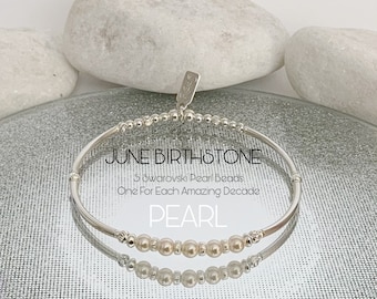 50th Birthday Gift For Women, Pearl & Sterling Silver Stretch Bracelet, June Birthstone Bracelet, Jewelry For Sister, Custom, Minimalist