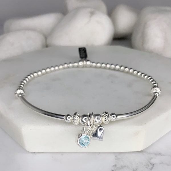 Bijoux avec pierres de naissance de novembre, bracelet de perles extensibles à breloques topaze bleue et argent sterling, style jonc, cadeau d'anniversaire pour meilleure amie, soeur