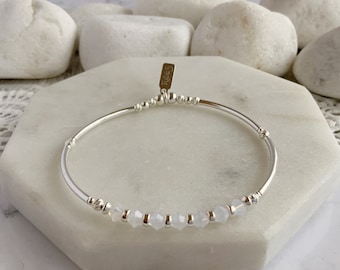 70th Birthday Gift: Sterling Silver Opal Crystal Beaded Bracelet