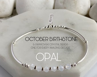 Elegant 60th Birthday Opal Bracelet: October Birthstone Sterling Silver Crystal Beaded Gift for Women