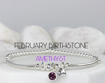 Amethyst Heart Charm Bracelet: Sterling Silver, February Birthstone