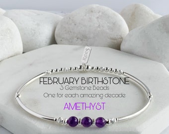 30th Birthday Gift For Her, Amethyst & Sterling Silver Stretch Bangle Style, February Birthstone Bracelet, 30th Birthday Best Friend Gift.