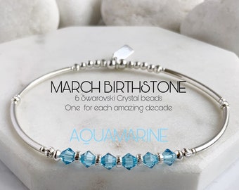 60th Birthday Gift For Women, March Birthstone Jewelry, Sterling Aquamarine Swarovski Crystal Beaded Bracelet, For Her Mum Wife