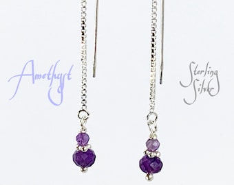 Sterling Silver Amethyst Threader Earrings: February Birthstone Gift