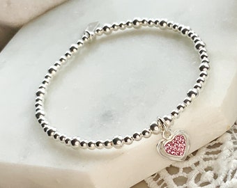 Sterling Silver Beaded Bracelet: Pink Crystal Heart Charm, Love Token