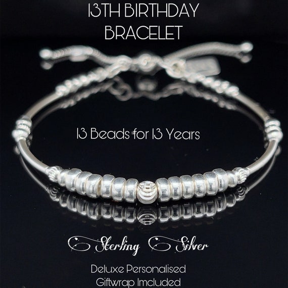 13th Birthday Bracelet Sterling Silver Beaded Adjustable Gift for