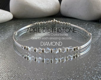 60th Birthday Gifts For Women, April Birthstone Jewelry, Sterling Silver Clear Crystal Swarovski, Stretch Beaded Bracelet for women grandma