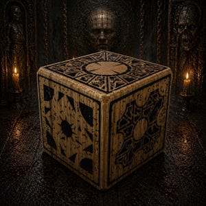 May include: A wooden puzzle box with intricate black geometric designs on each face. The box is square and appears aged, with a dark, textured background. The scene includes candles and a dark, gothic aesthetic.