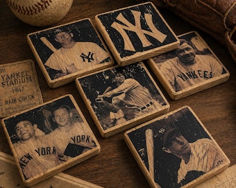 NY Yankees Legends Coasters – Vintage Baseball Wood Drinkware Set