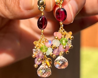 Rhodonite and Quartz Earring, Cluster Earrings, Beautiful Gift for Her
