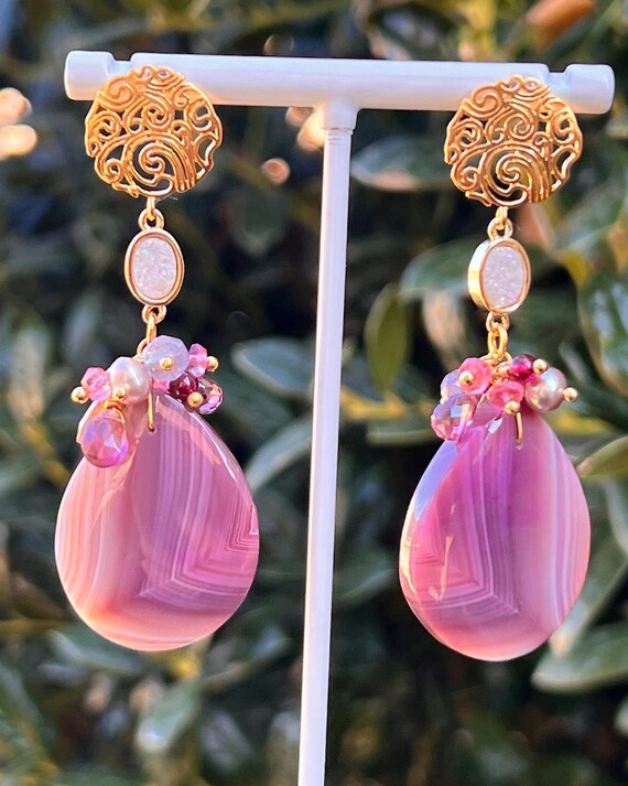 Rare Pink Agate Earring OOAK Earring Valentine Gift Gemstone