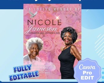 Obituary Design Template Pink| Editable Canva Template | Memorial Template |DIY Craft | Funeral Announcement Template| Obituary Flyer Design
