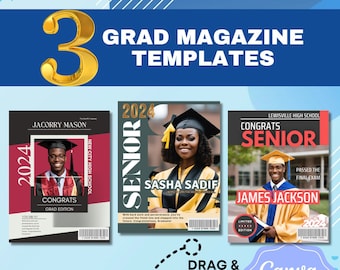 3 Graduation Magazine Design Templates| Custom Grad Fan| Grad Designs| Graduation| Grad 2024| Graduation Template |Canva Edit | grad T-Shirt