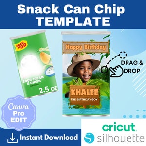 May include: Printable template for a snack can chip label. The label features a jungle theme with a boy wearing a safari hat and the text "Happy Birthday" and "KHALEE THE BIRTHDAY BOY". The label is 2.5 ounces and has a green, brown, and blue colour scheme.