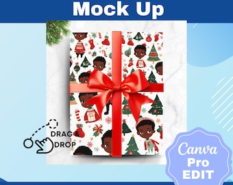 Wrapping Paper Box Mock-up Design with bows | Canva Edit |Wrapping paper mock up| Holiday gift Box | Design for Mockups Christmas Gifts|