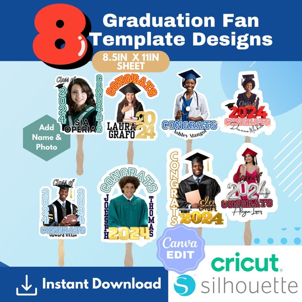 8 Grad Fan Template Design| Custom Grad Fan| Graduation Fan Template| Graduation Fan| Grad 2024| Graduation Cake Topper Template |Canva Edit