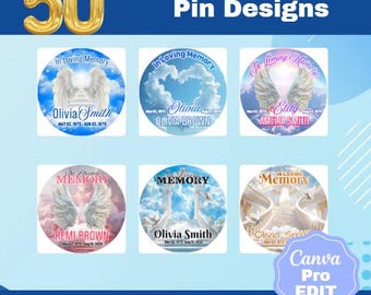 50 Memorial Button Pin Designs| Editable Canva Template | Memorial Template |DIY Craft | Funeral Announcement Template|