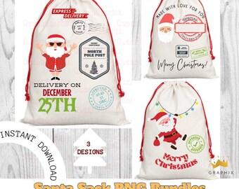 May include: Three digital designs for Santa sacks. The first design features a cartoon Santa with sunglasses and a Hawaiian shirt. The second design features a cartoon Santa with a red hat and a white beard. The third design features a cartoon Santa hanging from a string of lights. All three designs have a white background.