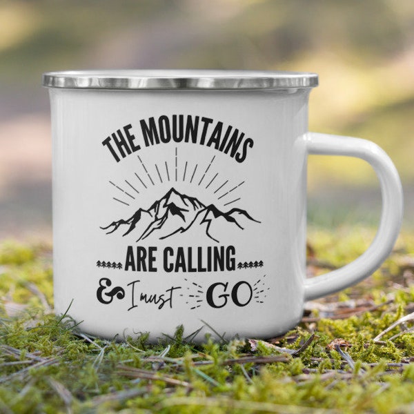 The Mountains Are Calling Mug, Campfire Coffee Mug, Camping Coffee Mug, Birthday Mug, Gift for a Friend, Couple's Gift, Family Enamel Mug