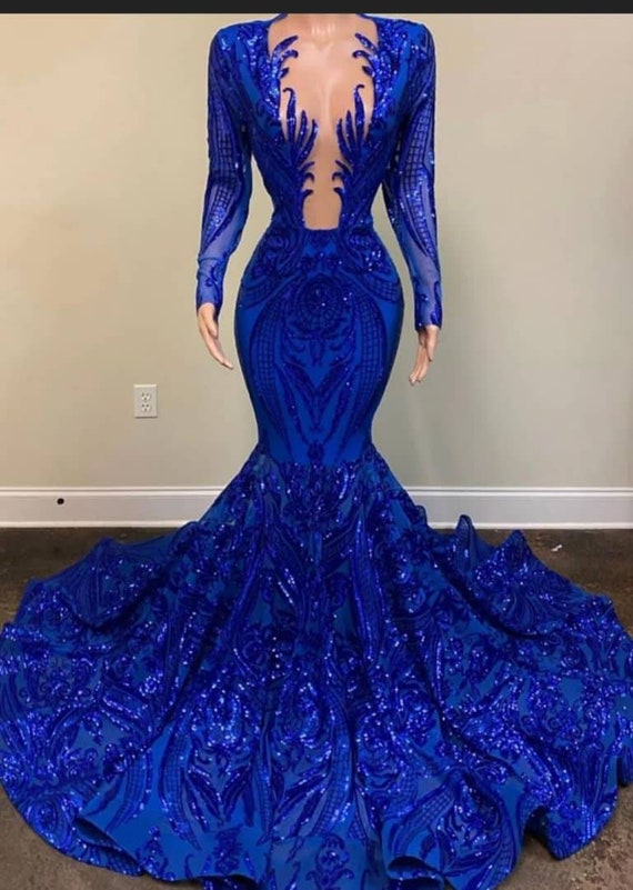 Blue Mermaid Prom Dressdeep V Mermaid Sequin Lace Prom - Etsy
