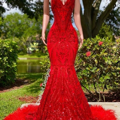 Red velvet evening dress, floral prom dress, chic mermaid dress,custom made main image 1