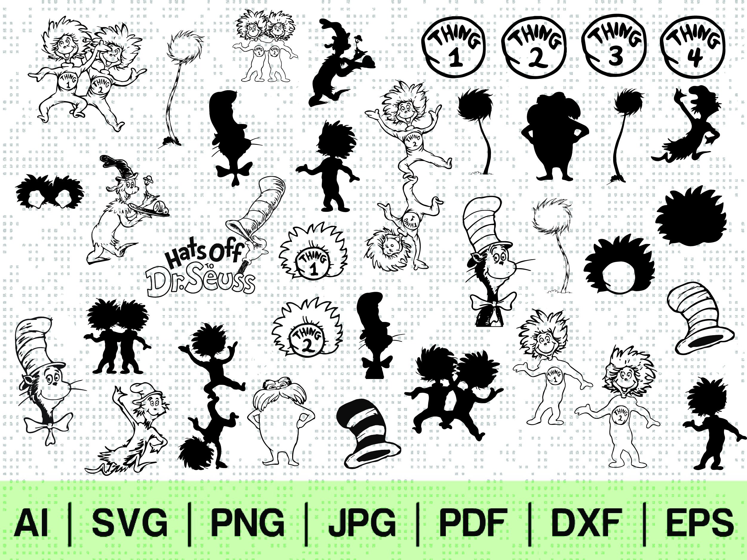 Thing 1 thing 2 svg silhouette dr seuss bundle kit instant | Etsy