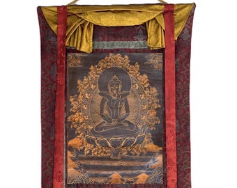 Original Hand-Painted Tibetan Thanka - Samantabhadra Buddha Shakti in Yab-Yum Embrace | Black & Gold Meditation Art with Silk Brocade Frame