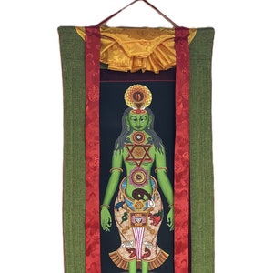 Hand-painted 7 Chakra Yogic Chakra Kundalini Healing Original Tibetan Thangka Panting with Cotton Brocade