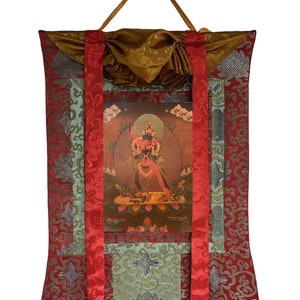 Hand-painted Original Chakrasamvara Shakti Oil-Varnished Tibetan Thangka Painting /Compassion Meditation Art with Silk Brocade
