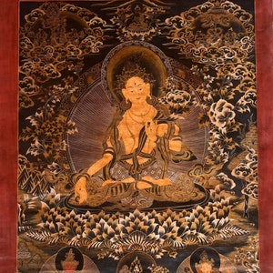 Original Hand-painted White Tara Mother Goddess Old Oil Varnished Large Tibetan Thangka Painting/Compassion Meditation Art