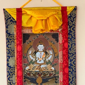 Hand-painted  4 Armed Chyangresi, Chengrezig, Avalokitesvara Tibetan Thangka Painting with Silk Brocade