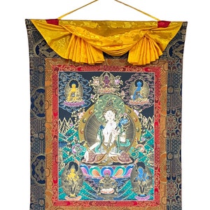 Original Hand-painted White Tara/ Mother Goddess Compassion Meditation Tibetan Thangka Painting Bordered with High-quality silk