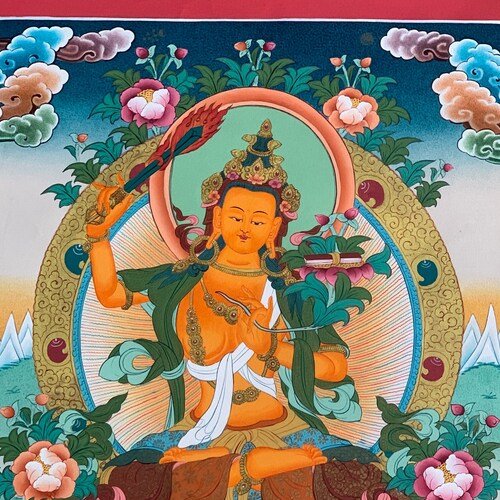 Hand-painted, Manjushri, Jampalyang, God of Divine shops wisdom, Master Quality, Thangka Painting 15x20-Inch