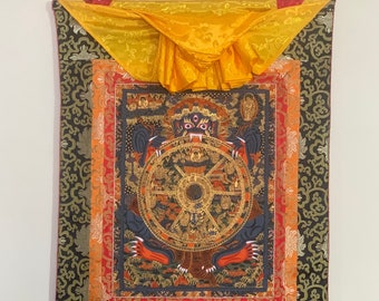 Hand-painted Bhavachakra Mandala, the Buddha Life,  Tibetan Thangka Painting,  with Silk Brocade