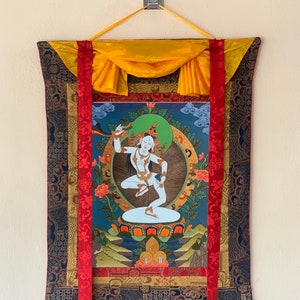 Hand-Painted Tibetan Yogini Thangka - Machig Labdron/Ahdron Chodron Art - Premium Silk Brocade Wall Hanging - Buddhist Decor for Home