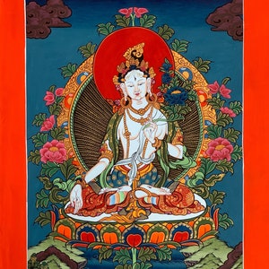 Hand-painted White Tara, Mother Goddess, Thangka Painting  11 x 15-Inches
