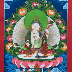 Hand-painted  Saraswati, Goddess of Learning and Art, Music, Thangka Painting 17 x 24-Inch