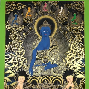 Original Handgemalter Medizin Buddha / Bhaisajyaguru Meister tibetische Wandbehang Thangka Malerei Mitgefühl Meditationskunst Aus Nepal