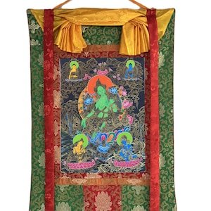 Original Hand Painted Green Tara/ Mother Tara Compassion / Meditation Wall Hanging Tibetan Thangka / Thanka  Painting With Silk Brocade