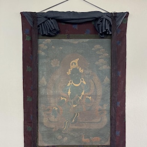 Vintage Grüne Tara Newari Kunst | Acrylmalerei auf Leinwand | Echte handgemalte buddhistische Kunst | Authentische Kollektion mit schmaler Borte