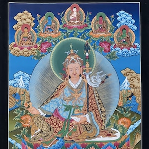 Original Hand-painted Guru Rinpoche/ PADMASAMBHAVA with Five Dhyani Buddha Masterpiece Tibetan Thangka Painting / Compassion Meditation Art