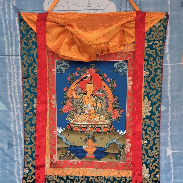 Gurkha Népal Original peint à la main Manjusri, Manjushree, Thangka Art, peinture avec brocart de soie