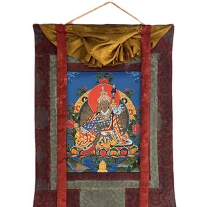 Original Hand-painted Padmasambhava/ Guru Rinpoche/ Masterpiece Tibetan Thangka Painting/ Buddhist Art with Silk Brocade