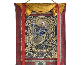 Hand-Painted Simhamukhi Thangka – Lion-Faced Dakini, Silk Brocade Buddhist Art