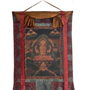 Original Hand Painted  Avalokiteshvara / Chenrezig/ Lokeswor Old Oil Varnished Tibetan Thangka Painting with Silk  Brocade