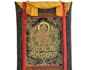 Original Hand-painted Manjushri/ Manjushree/ Bodhisattva Compassion Meditation Tibetan Thangka Painting with High-Quality Silk Brocade