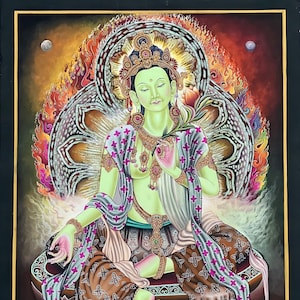 Handgemalte Grüne Tara Newari Paubha Kunst - Exquisite Gold und Steinpulver Kunst für Mitgefühl Meditation - Feinstes Thangka Meisterwerk