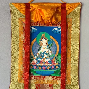 Original Hand-Painted White Tara, Mother Tara Goddess Tibetan Thangka Painting with Silk Brocade