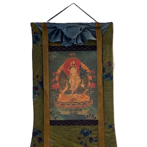 Original Hand-painted White Tara/ Mother Goddess/ Old Oil-Varnished Tibetan Thangka Painting with Silk Brocade